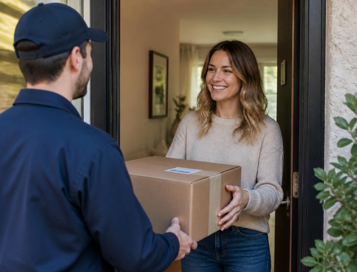 Kelly Delivery courier handing a parcel to a customer at their doorstep