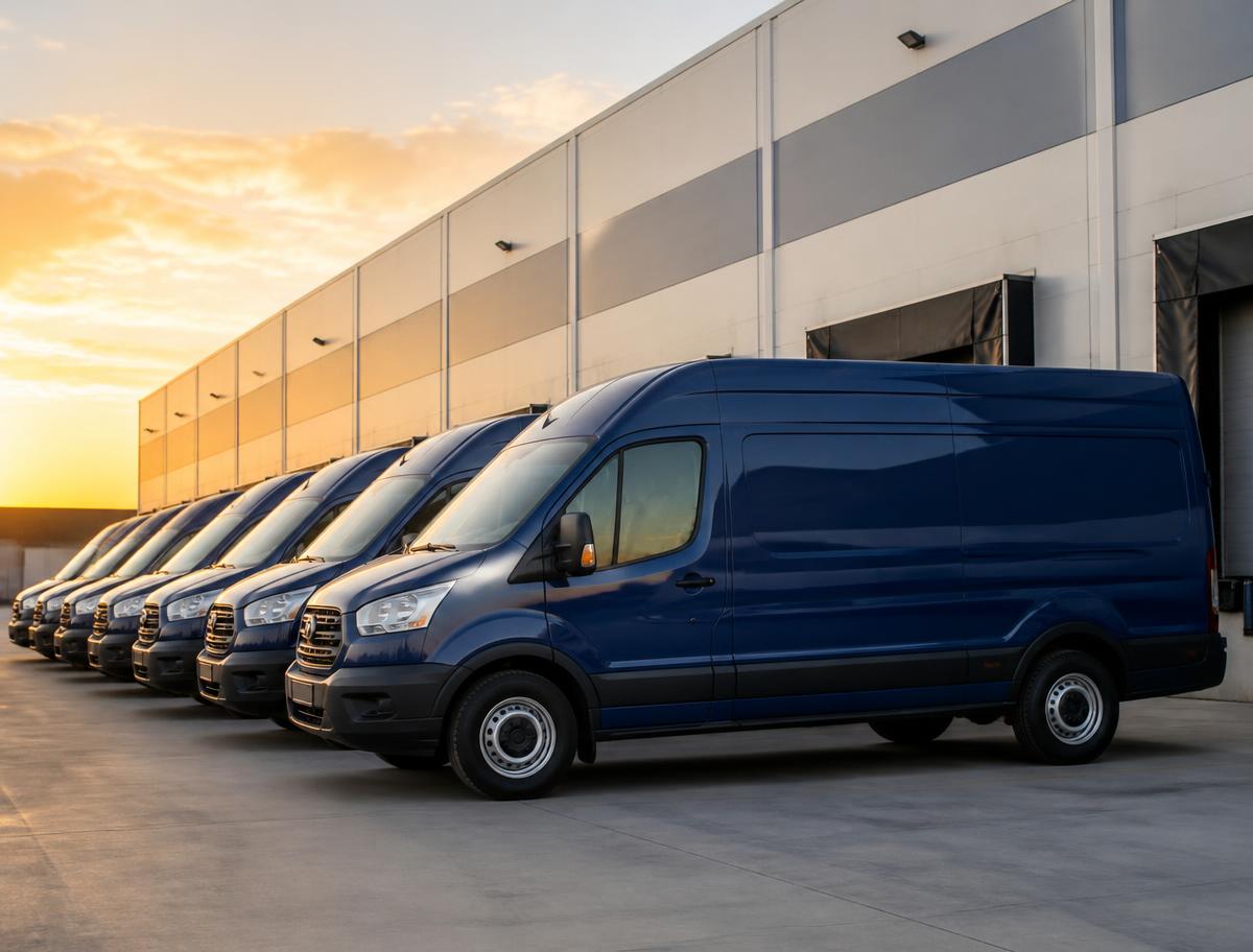 Fleet of Kelly Delivery vans parked outside a logistics warehouse at sunset